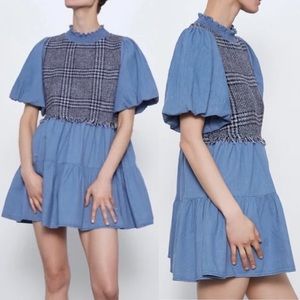 NWT Zara Frill Mock-Neck Chambray Woven Tweed Denim Puff-Sleeve Babydoll Dress